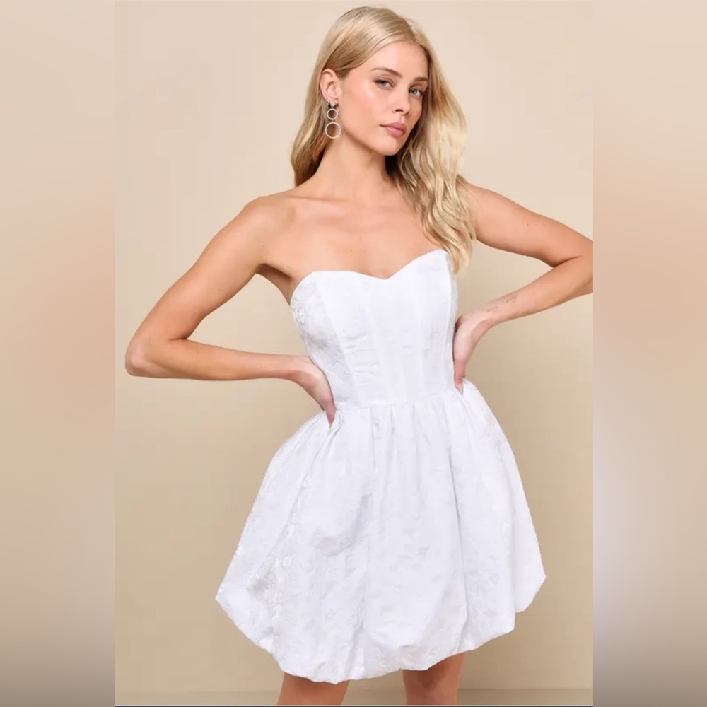 Lulu’s Angelic Allure White Jacquard Strapless Bubble Hem Mini Dress, size XS